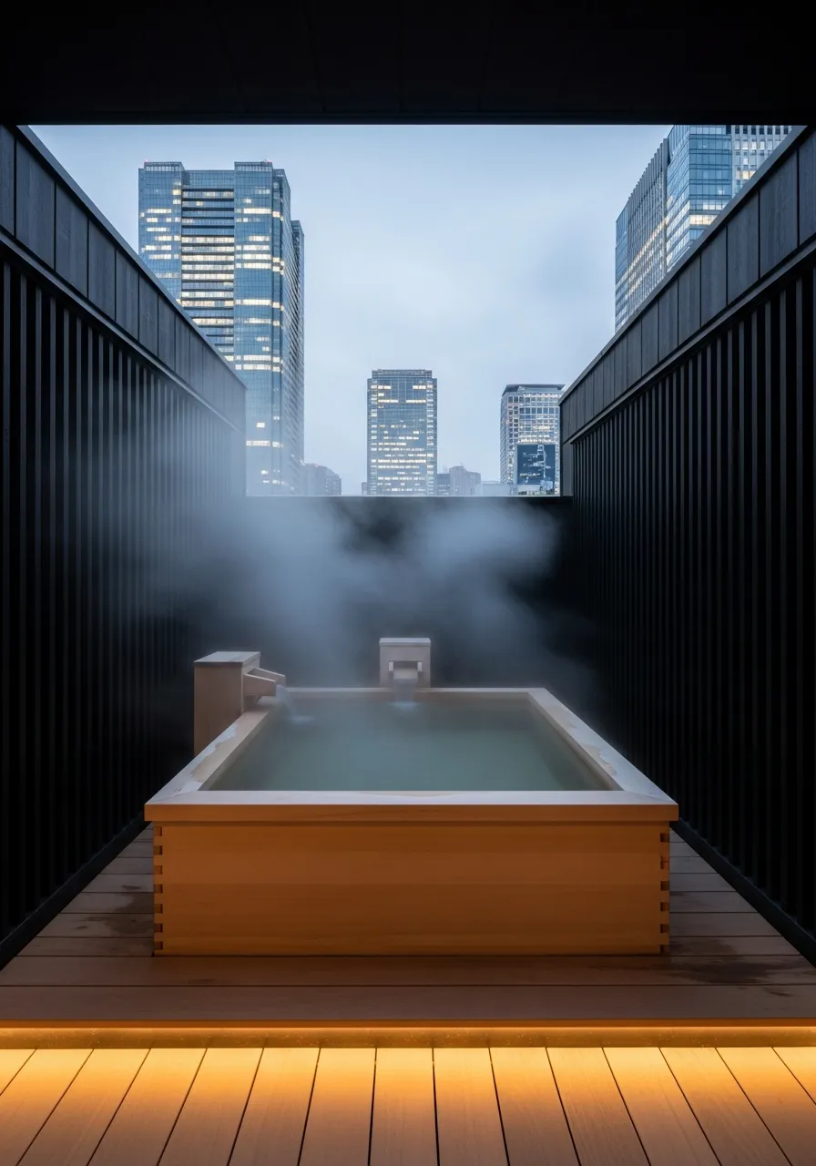 Hoshinoya Tokyo's rooftop open-air onsen bath with traditional Japanese architecture