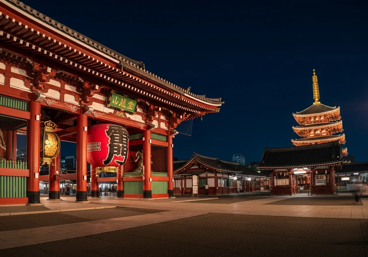 Senso-ji temple in Asakusa at night with illuminated red lantern