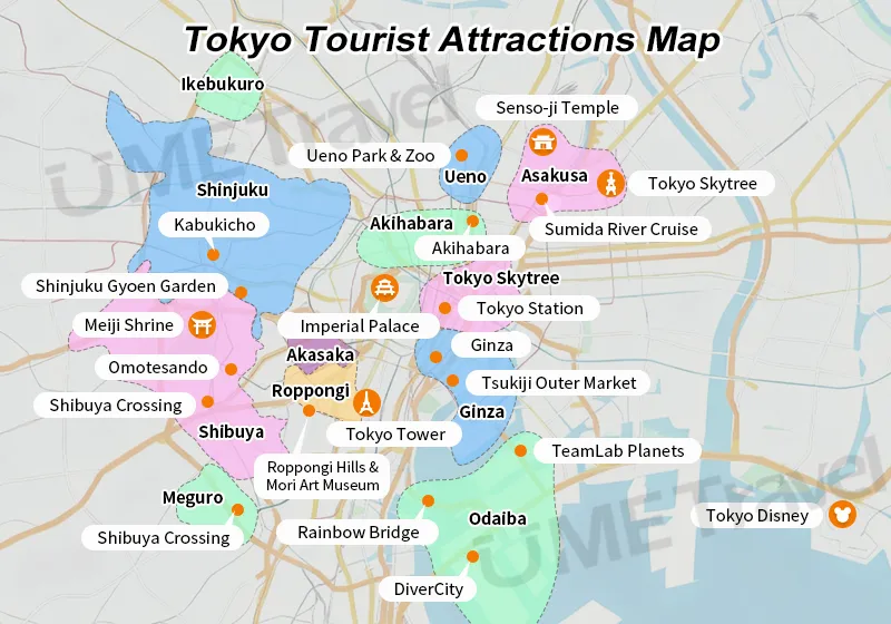 Stylized map of Tokyo showing key luxury locations