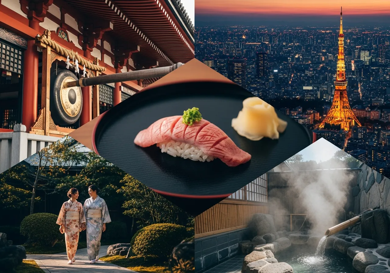 Collage of Tokyo memories: Senso-ji gong ceremony, helicopter view, sushi, onsen, kimono experience