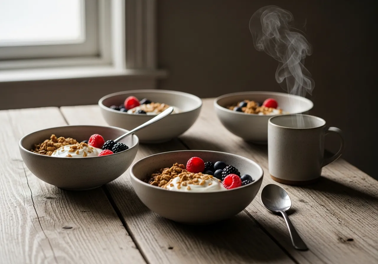 Breakfast presentation, simple, ceramic bowls, natural light, not styled, actual food not photoshoot