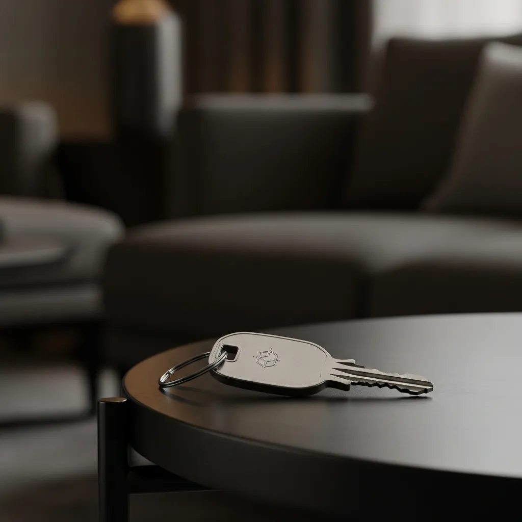 Room key, simple, material detail, not branded ostentatiously, subtle luxury signal