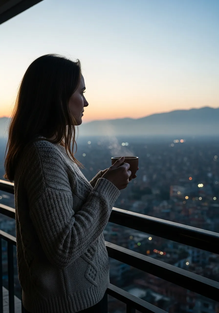 Eleanor at dawn on balcony, not posed, looking at city, coffee cup, natural light, contemplative not styled