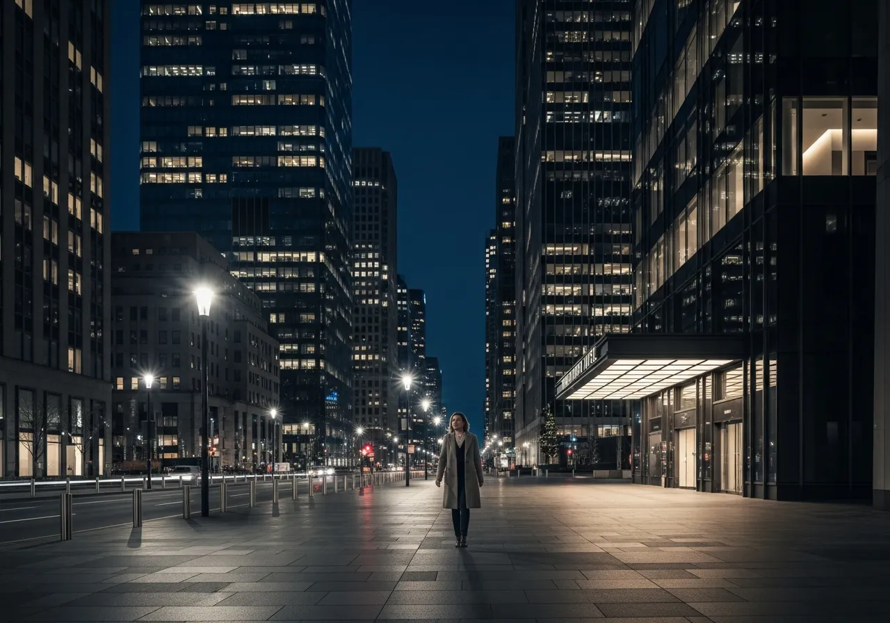Eleanor walking near hotel at night, empty financial district, towers lit, solitary figure, not scary but deliberate